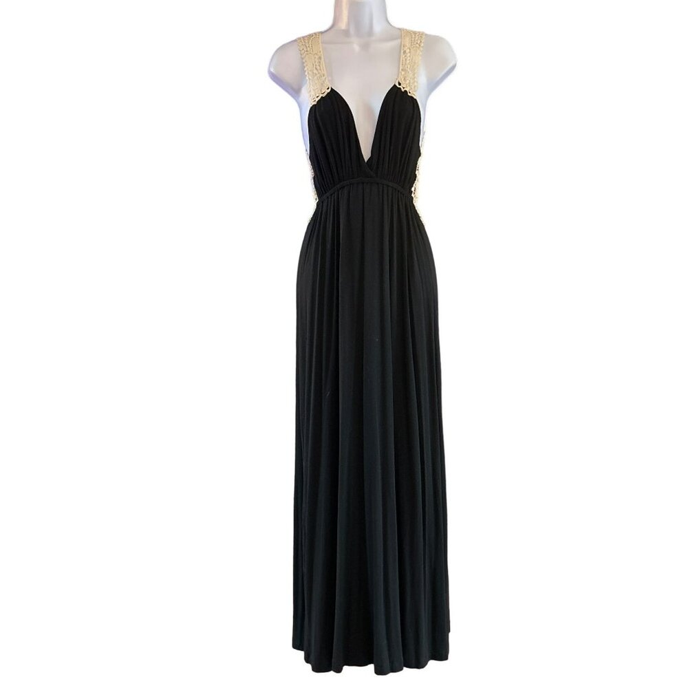 Aqua Black Cream Knit Maxi Dress XS Crocheted Back Sleeveless Dress Minimalist